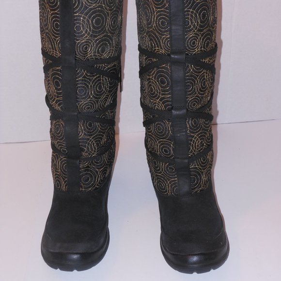 TIMBERLAND BLACK AND GOLD LEATHER AND FAUX FUR KNEE-HIGH BOOTS SIZE 6.5 MEDIUM - Picture 8 of 9